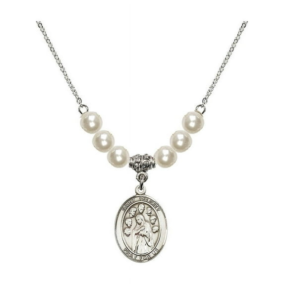 18-Inch Rhodium Plated Necklace with 6mm Faux-Pearl Beads and Saint Felicity Charm