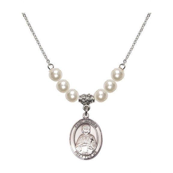 18-Inch Rhodium Plated Necklace with 6mm Faux-Pearl Beads and Saint Gerald Charm