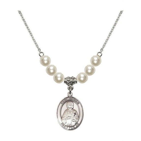 18-Inch Rhodium Plated Necklace with 6mm Faux-Pearl Beads and Saint Gerald Charm