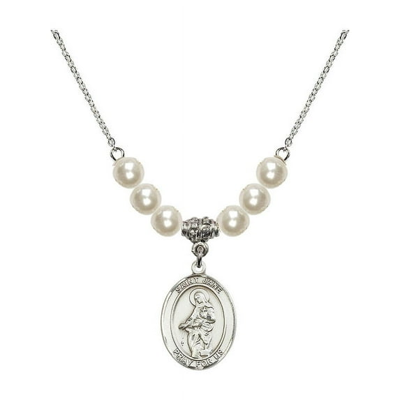 18-Inch Rhodium Plated Necklace with 6mm Faux-Pearl Beads and Saint Jane of Valois Charm