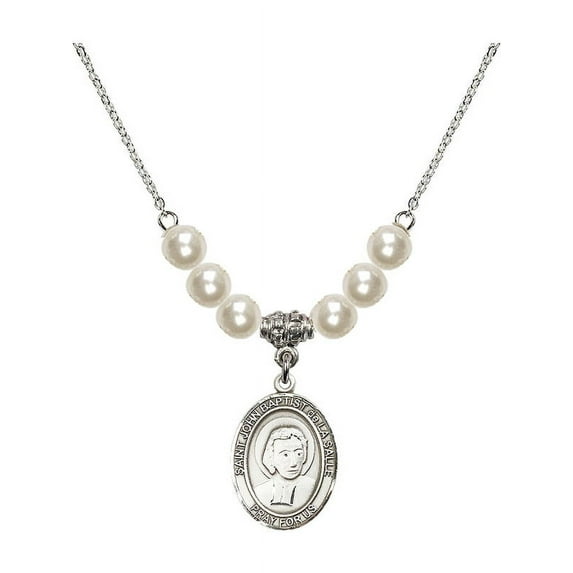 18-Inch Rhodium Plated Necklace with 6mm Faux-Pearl Beads and Saint John Baptist de la Salle Charm