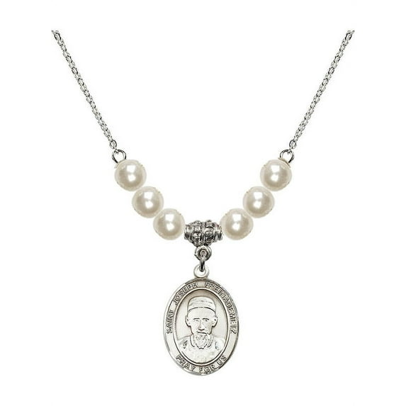 18-Inch Rhodium Plated Necklace with 6mm Faux-Pearl Beads and Saint Joseph Freinademetz Charm