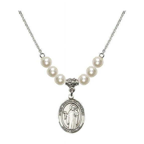 18-Inch Rhodium Plated Necklace with 6mm Faux-Pearl Beads and Saint Joseph the Worker Charm