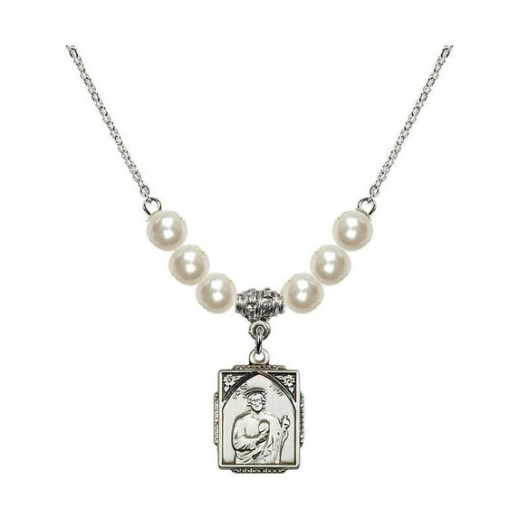 18-Inch Rhodium Plated Necklace with 6mm Faux-Pearl Beads and Saint Jude Charm