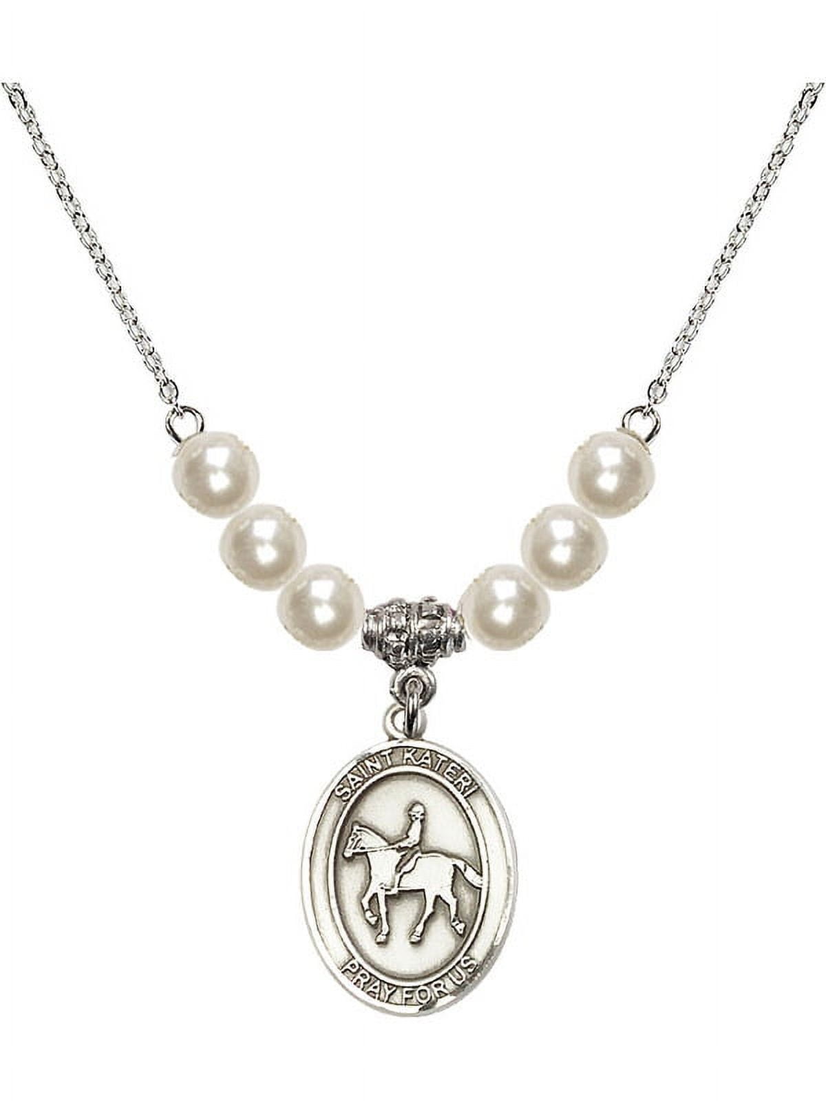 18-Inch Rhodium Plated Necklace with 6mm Faux-Pearl Beads and Saint Kateri/Equestrian Charm