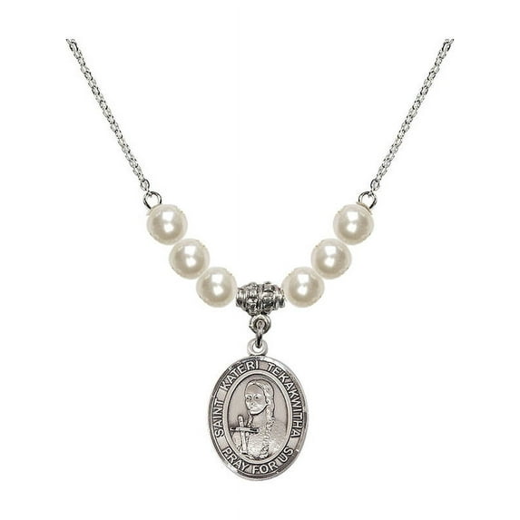 18-Inch Rhodium Plated Necklace with 6mm Faux-Pearl Beads and Saint Kateri Tekakwitha Charm