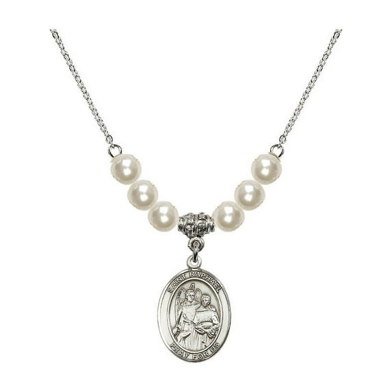 18-Inch Rhodium Plated Necklace with 6mm Faux-Pearl Beads and Saint Raphael the Archangel Charm