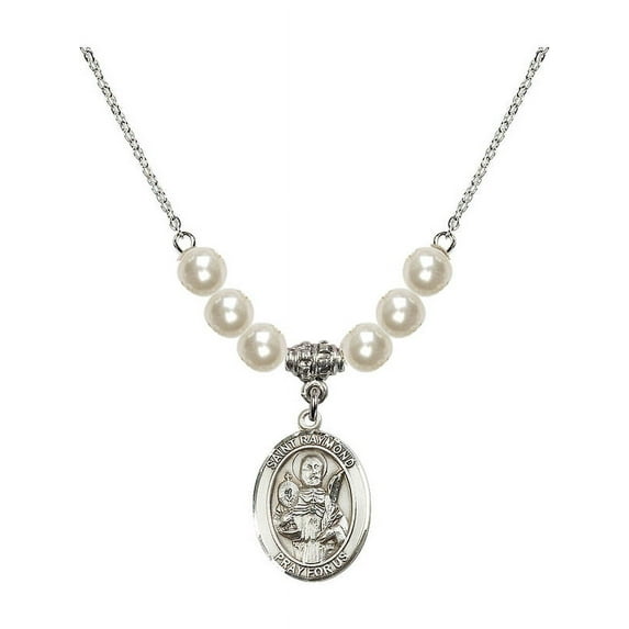 18-Inch Rhodium Plated Necklace with 6mm Faux-Pearl Beads and Saint Raymond Nonnatus Charm