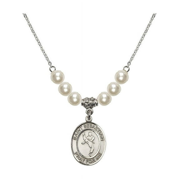 18-Inch Rhodium Plated Necklace with 6mm Faux-Pearl Beads and Saint Sebastian/Martial Arts Charm