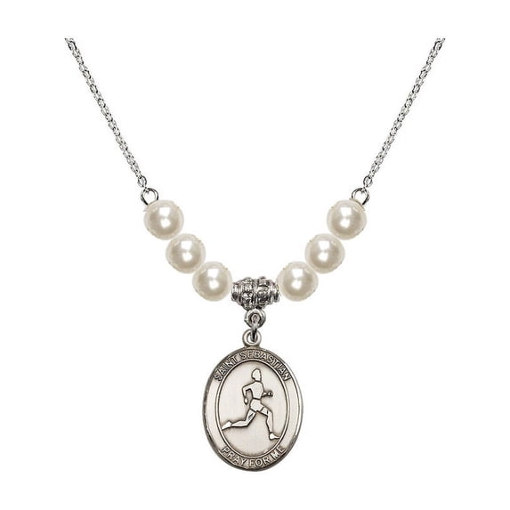 18-Inch Rhodium Plated Necklace with 6mm Faux-Pearl Beads and Saint Sebastian/Track & Field Charm