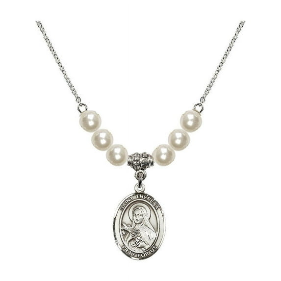18-Inch Rhodium Plated Necklace with 6mm Faux-Pearl Beads and Saint Theresa Charm
