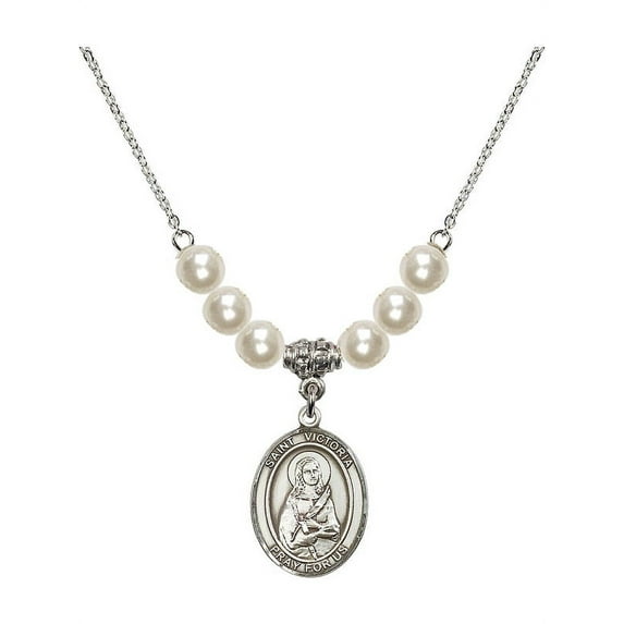 18-Inch Rhodium Plated Necklace with 6mm Faux-Pearl Beads and Saint Victoria Charm