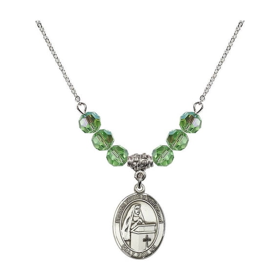 18-Inch Rhodium Plated Necklace with 6mm Green August Birth Month Stone Beads and Blessed Emilee Doultremont Charm