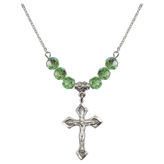 18-Inch Rhodium Plated Necklace with 6mm Green August Birth Month Stone Beads and Crucifix Charm