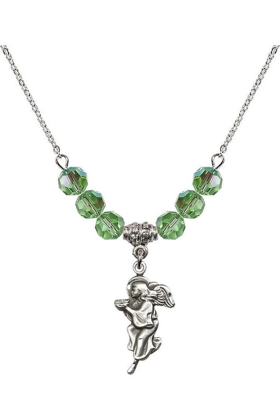 18-Inch Rhodium Plated Necklace with 6mm Green August Birth Month Stone Beads and Guardian Angel Charm