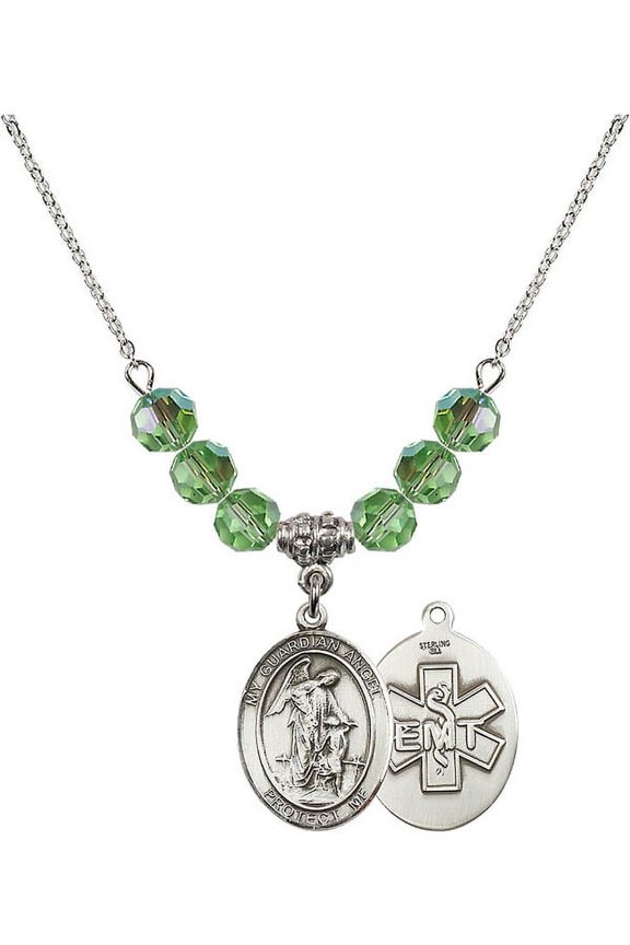 18-Inch Rhodium Plated Necklace with 6mm Green August Birth Month Stone Beads and Guardian Angel / EMT Charm
