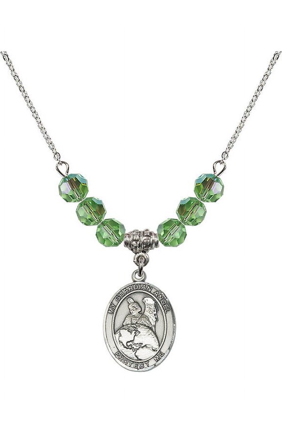 18-Inch Rhodium Plated Necklace with 6mm Green August Birth Month Stone Beads and Guardian Angel Protector Charm