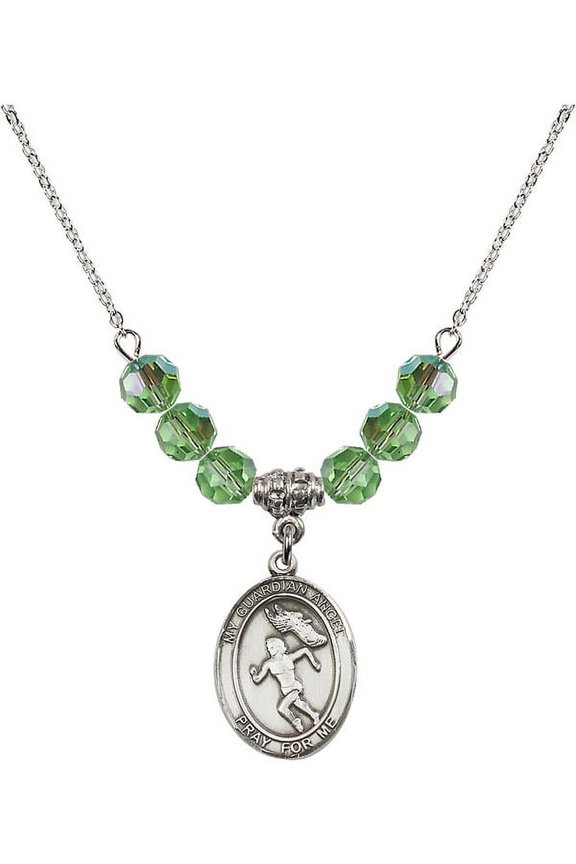 18-Inch Rhodium Plated Necklace with 6mm Green August Birth Month Stone Beads and Guardian Angel/Track&Field-Women Charm