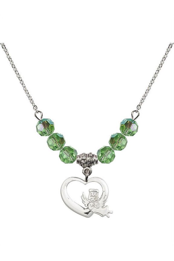 18-Inch Rhodium Plated Necklace with 6mm Green August Birth Month Stone Beads and Heart / Guardian Angel Charm