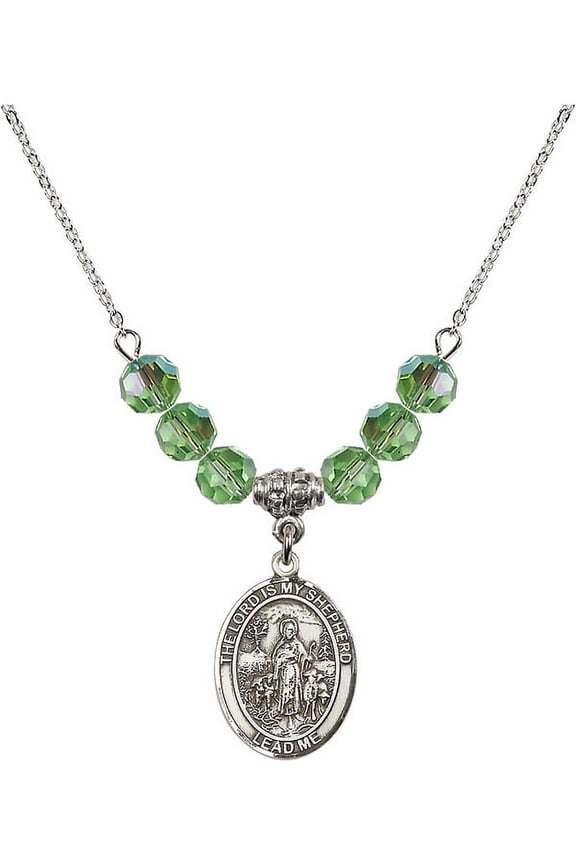 18-Inch Rhodium Plated Necklace with 6mm Green August Birth Month Stone Beads and Lord Is My Shepherd Charm