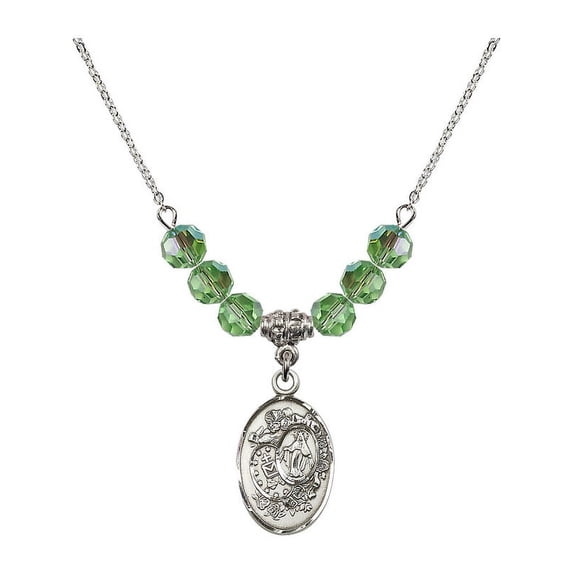 18-Inch Rhodium Plated Necklace with 6mm Green August Birth Month Stone Beads and Miraculous Charm