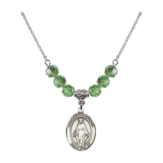 18-Inch Rhodium Plated Necklace with 6mm Green August Birth Month Stone Beads and Our Lady of Lebanon Charm