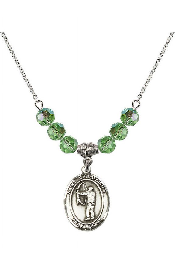 18-Inch Rhodium Plated Necklace with 6mm Green August Birth Month Stone Beads and Saint Christopher/Archery Charm