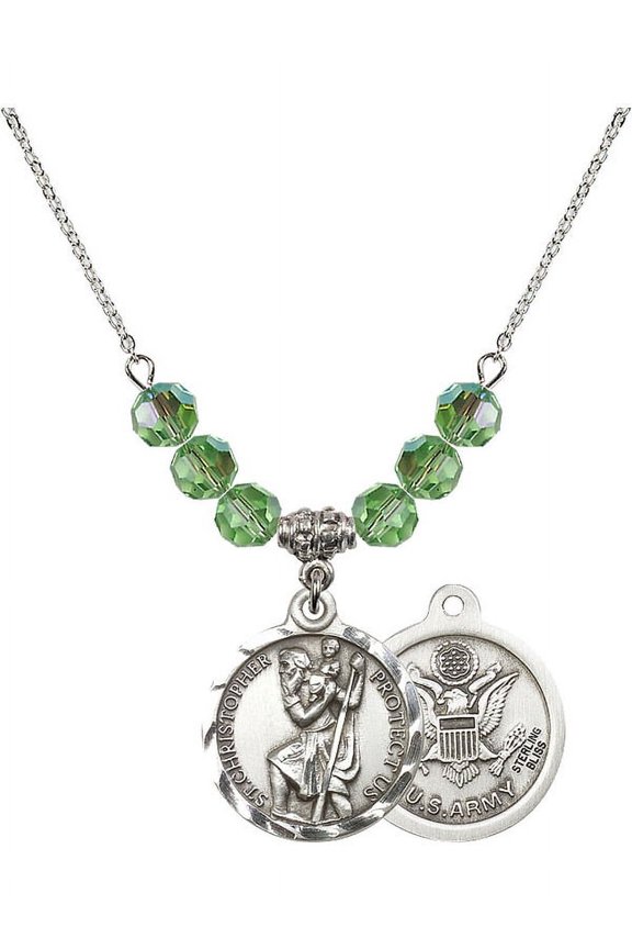 18-Inch Rhodium Plated Necklace with 6mm Green August Birth Month Stone Beads and Saint Christopher / Army Charm