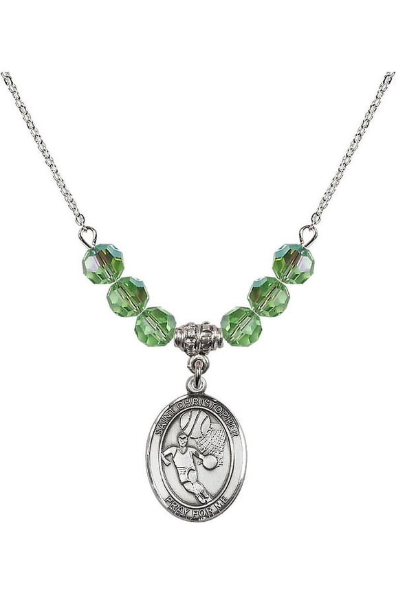 18-Inch Rhodium Plated Necklace with 6mm Green August Birth Month Stone Beads and Saint Christopher/Basketball Charm