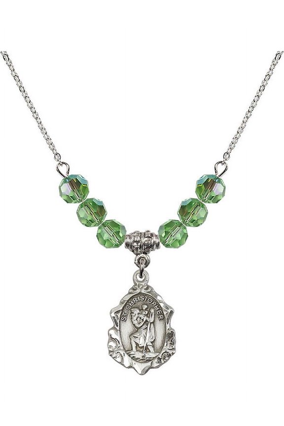 18-Inch Rhodium Plated Necklace with 6mm Green August Birth Month Stone Beads and Saint Christopher Charm