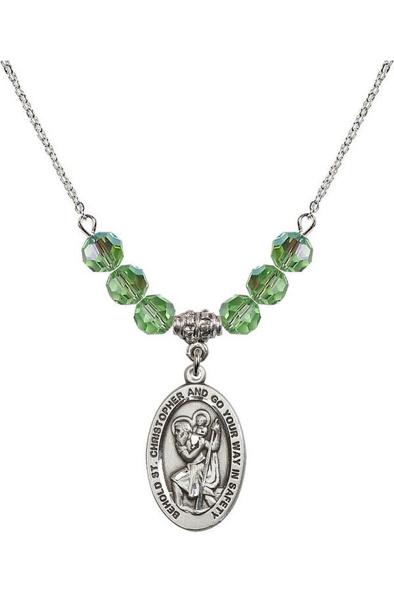 18-Inch Rhodium Plated Necklace with 6mm Green August Birth Month Stone Beads and Saint Christopher Charm