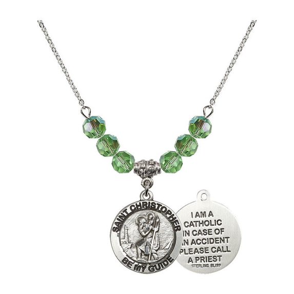 18-Inch Rhodium Plated Necklace with 6mm Green August Birth Month Stone Beads and Saint Christopher Charm