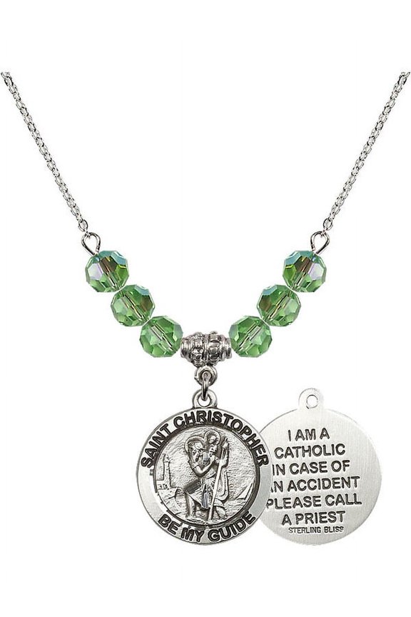 18-Inch Rhodium Plated Necklace with 6mm Green August Birth Month Stone Beads and Saint Christopher Charm