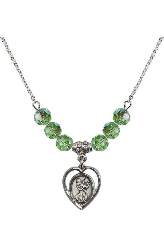 18-Inch Rhodium Plated Necklace with 6mm Green August Birth Month Stone Beads and Saint Christopher Charm