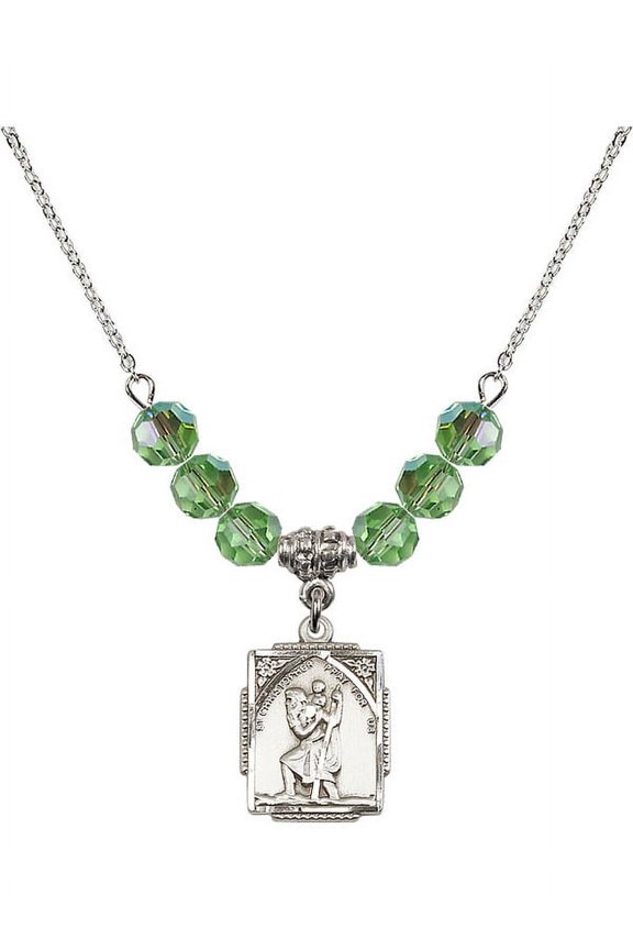 18-Inch Rhodium Plated Necklace with 6mm Green August Birth Month Stone Beads and Saint Christopher Charm