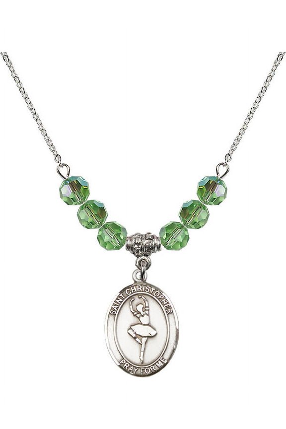 18-Inch Rhodium Plated Necklace with 6mm Green August Birth Month Stone Beads and Saint Christopher/Dance Charm