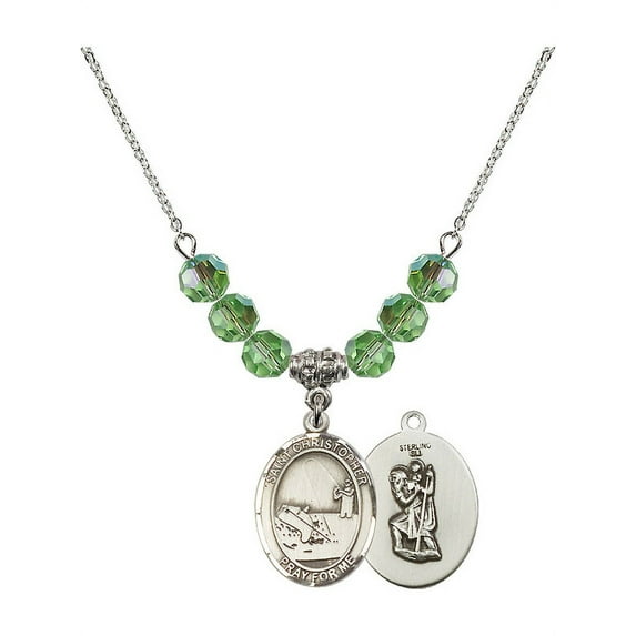 18-Inch Rhodium Plated Necklace with 6mm Green August Birth Month Stone Beads and Saint Christopher / Fishing Charm