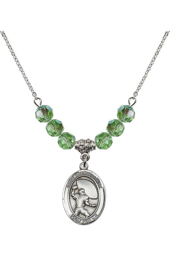 18-Inch Rhodium Plated Necklace with 6mm Green August Birth Month Stone Beads and Saint Christopher / Football Charm