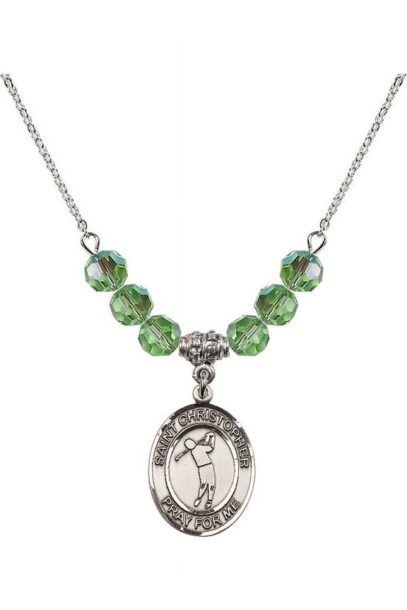 18-Inch Rhodium Plated Necklace with 6mm Green August Birth Month Stone Beads and Saint Christopher/Golf Charm