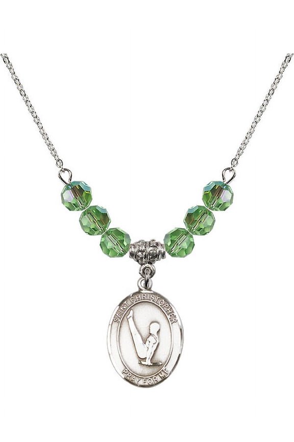 18-Inch Rhodium Plated Necklace with 6mm Green August Birth Month Stone Beads and Saint Christopher/Gymnastics Charm