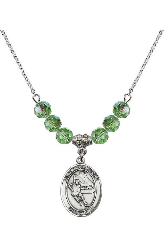 18-Inch Rhodium Plated Necklace with 6mm Green August Birth Month Stone Beads and Saint Christopher/Hockey Charm