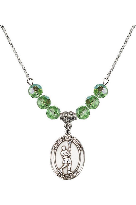 18-Inch Rhodium Plated Necklace with 6mm Green August Birth Month Stone Beads and Saint Christopher/Lacrosse Charm