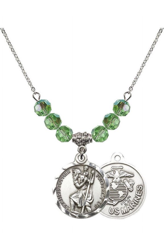 18-Inch Rhodium Plated Necklace with 6mm Green August Birth Month Stone Beads and Saint Christopher / Marines Charm