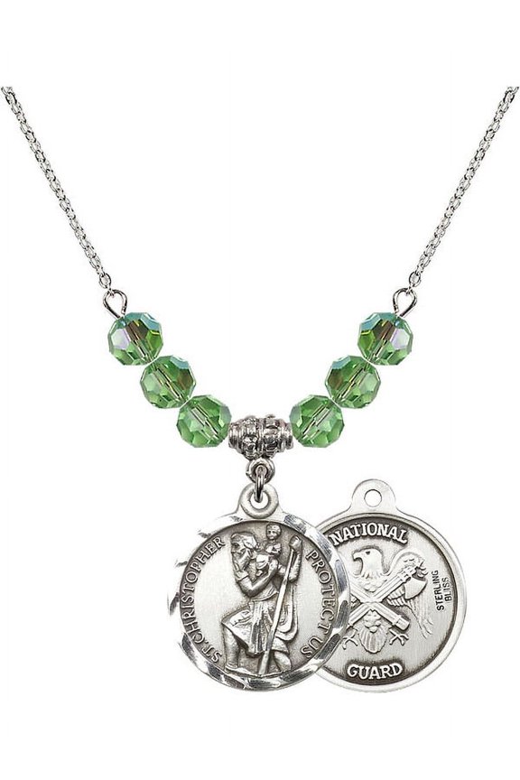 18-Inch Rhodium Plated Necklace with 6mm Green August Birth Month Stone Beads and Saint Christopher / Nat'l Guard Charm