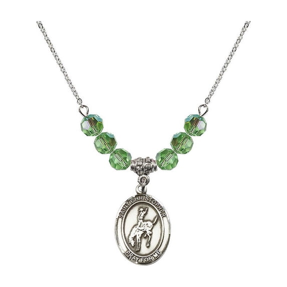 18-Inch Rhodium Plated Necklace with 6mm Green August Birth Month Stone Beads and Saint Christopher / Rodeo Charm