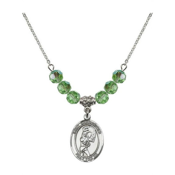 18-Inch Rhodium Plated Necklace with 6mm Green August Birth Month Stone Beads and Saint Christopher/Softball Charm