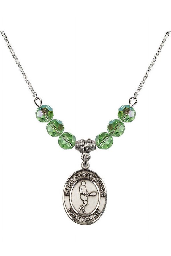 18-Inch Rhodium Plated Necklace with 6mm Green August Birth Month Stone Beads and Saint Christopher/Tennis Charm