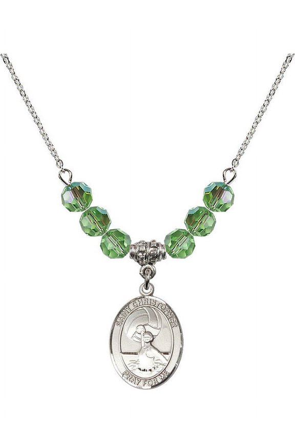 18-Inch Rhodium Plated Necklace with 6mm Green August Birth Month Stone Beads and Saint Christopher/Water Polo-Women Charm