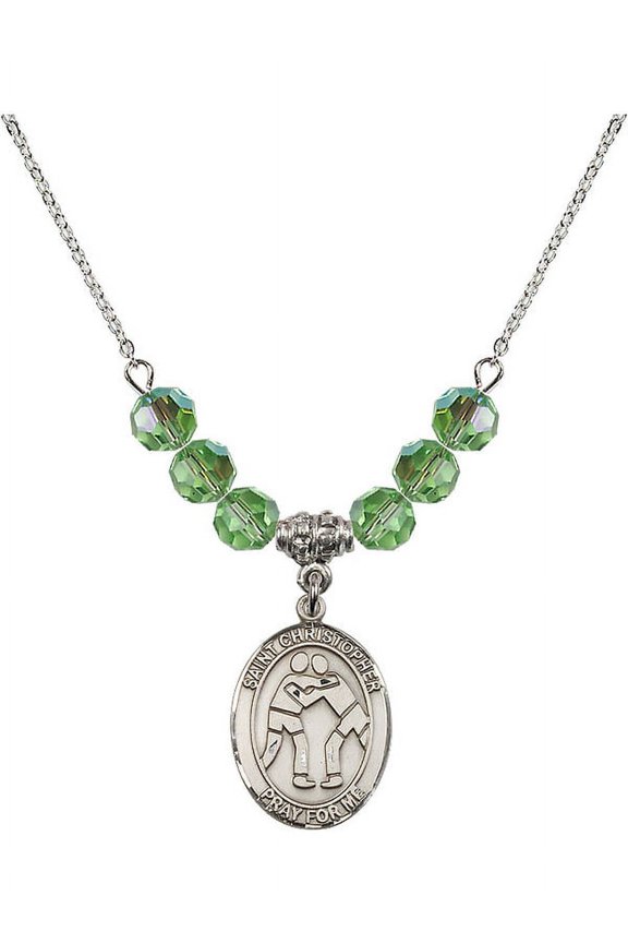 18-Inch Rhodium Plated Necklace with 6mm Green August Birth Month Stone Beads and Saint Christopher/Wrestling Charm