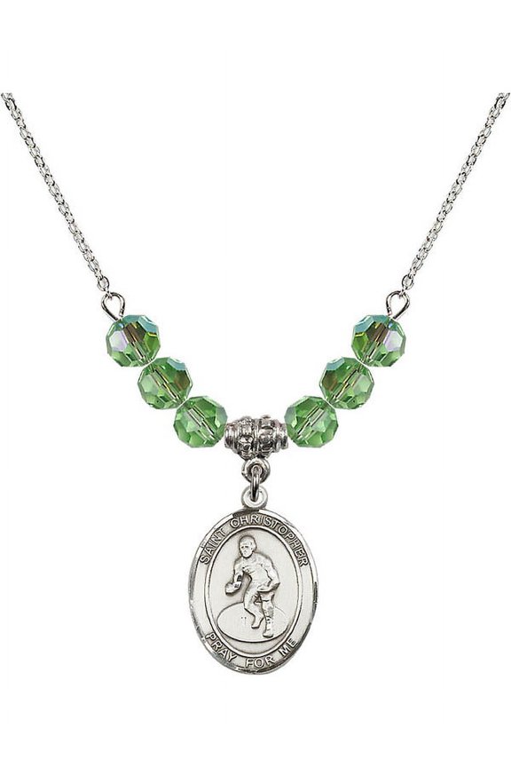 18-Inch Rhodium Plated Necklace with 6mm Green August Birth Month Stone Beads and Saint Christopher/Wrestling Charm